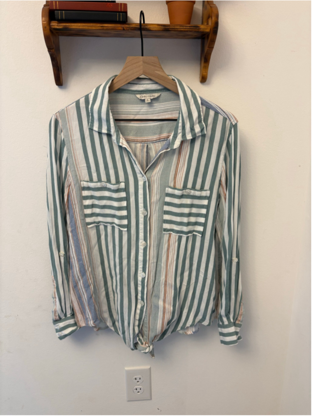 John Mark Striped Tie-Hem Blouse Women’s L Teal Green Pink Long Sleeve Button Up